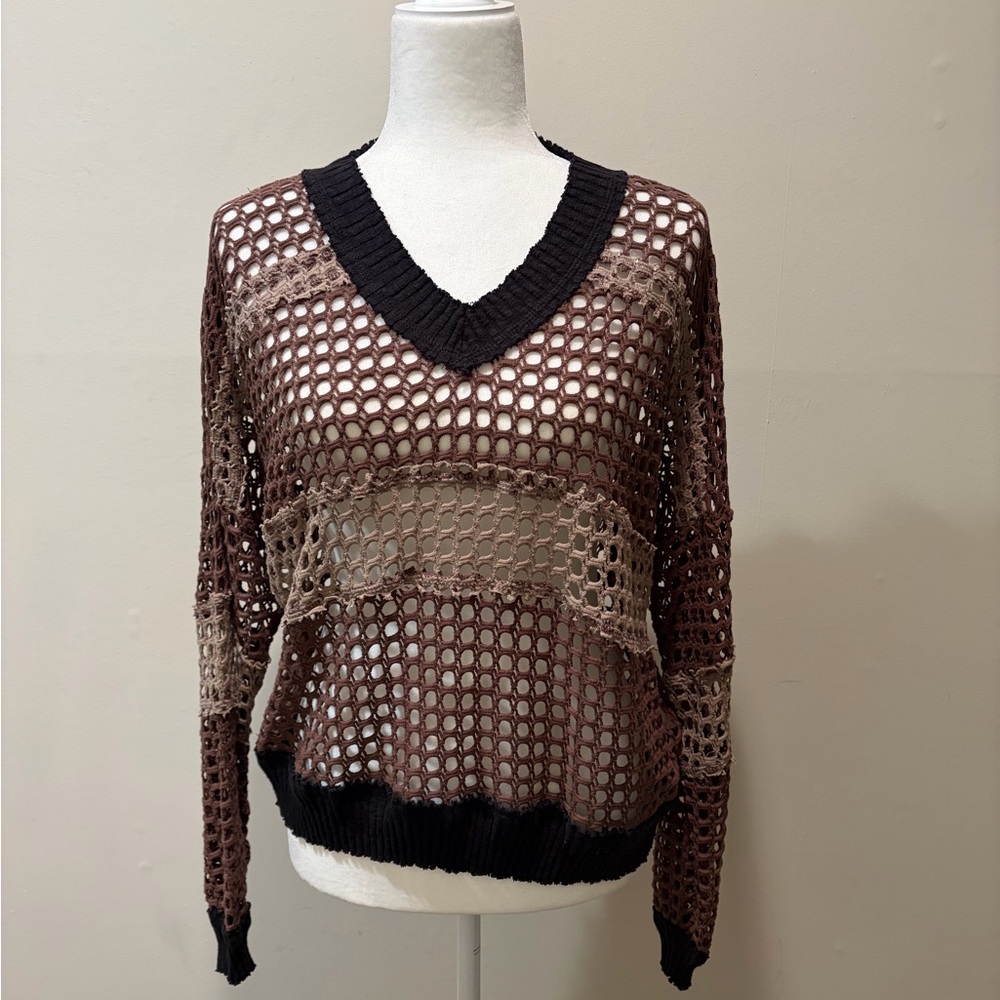 Pete Collection Brown Black Crochet Mesh Long Sleeve V-Neck Sweater